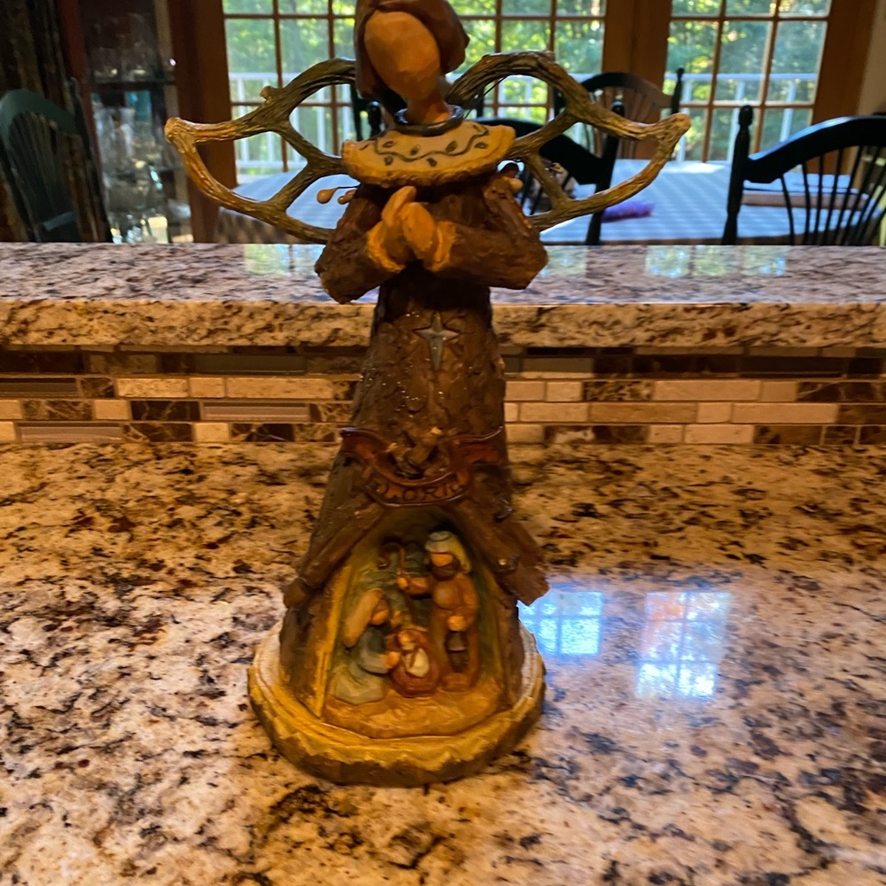 Rustic angel music box with manger scene